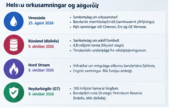 Yfirlit yfir orkusamninga og aðgerðir; AI-upplýsingamynd, ekki sjálfstæð heimild.