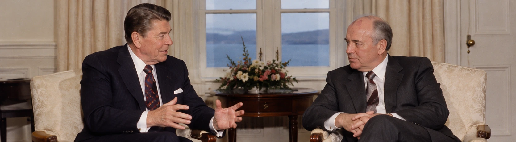 AI-gerð myndskreyting af Ronald Reagan og Míkhaíl Gorbatsjov í viðræðum
