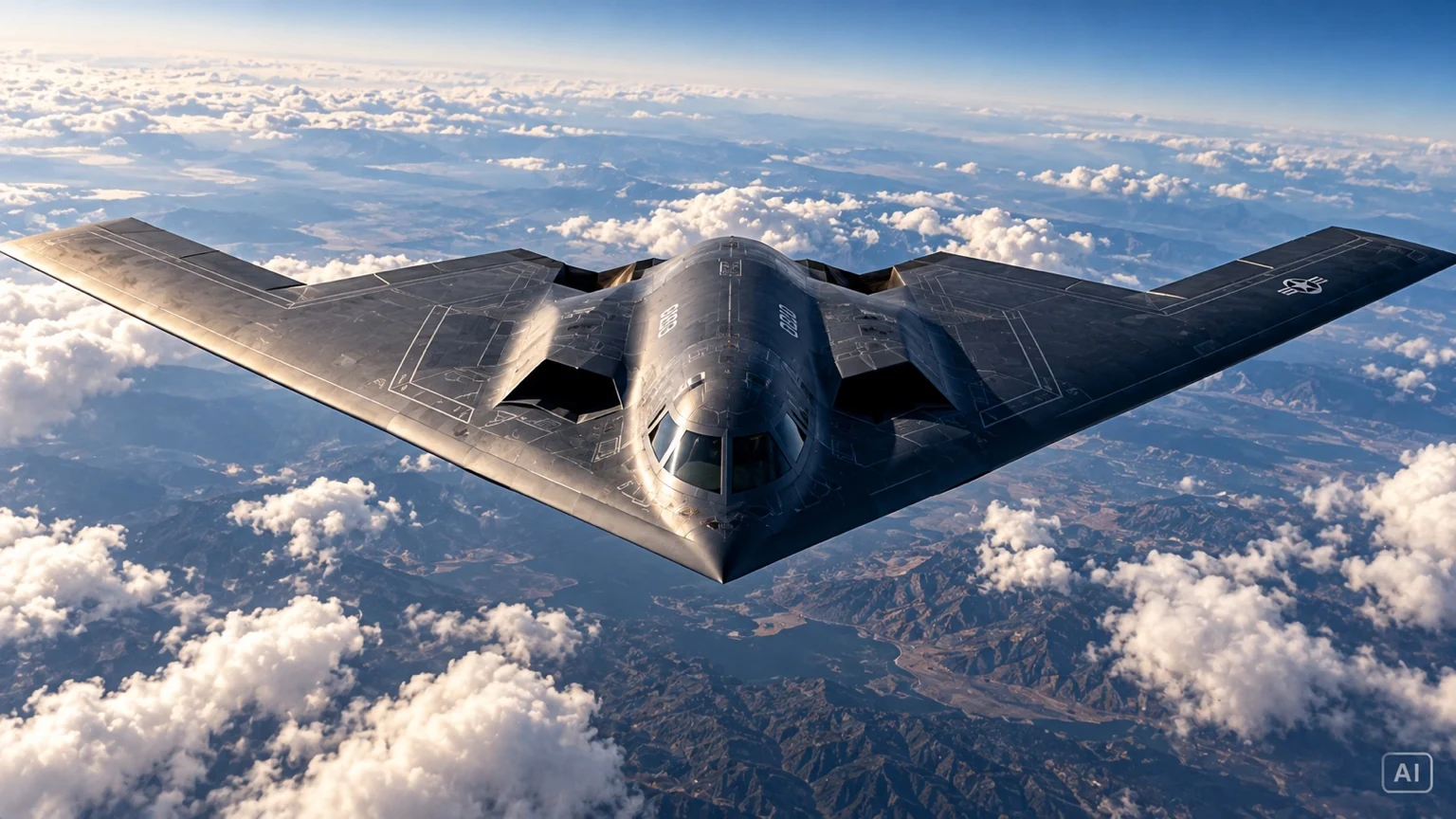 AI-myndskreyting af B-2 sprengjuflugvél á flugi