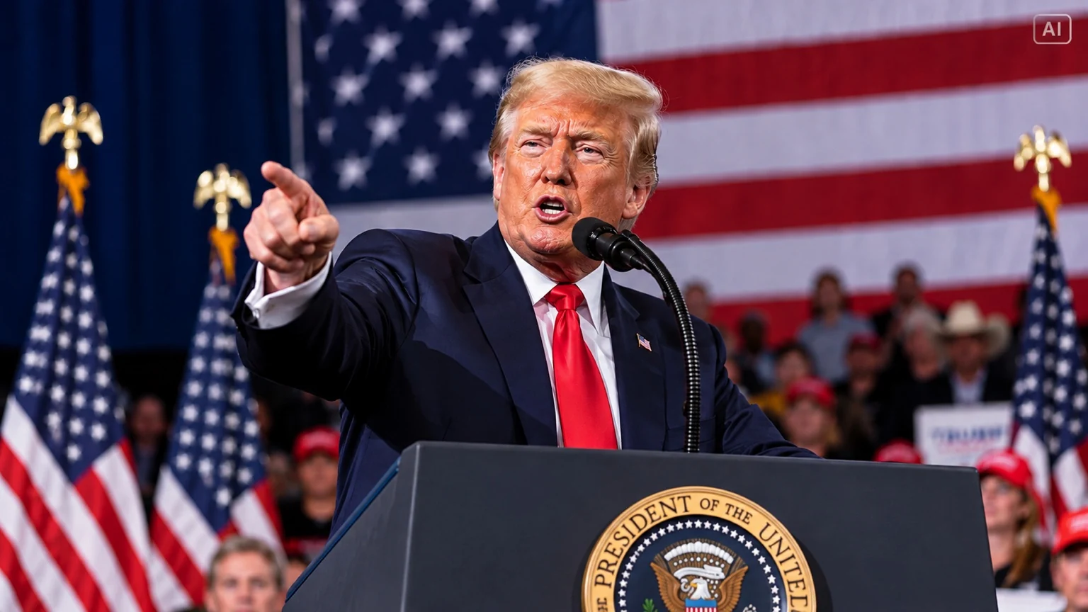 AI-myndskreyting af Trump við ræðupúlt